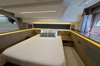 Luxurious cabin interior of a 2020 Prestige 420 yacht with modern design elements.