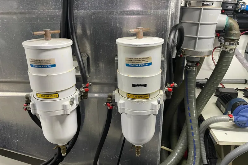 Miss Adventure Yacht Photos Pics Engine room of 2013 Beneteau Swift Trawler 44 with Volvo Penta fuel filters.