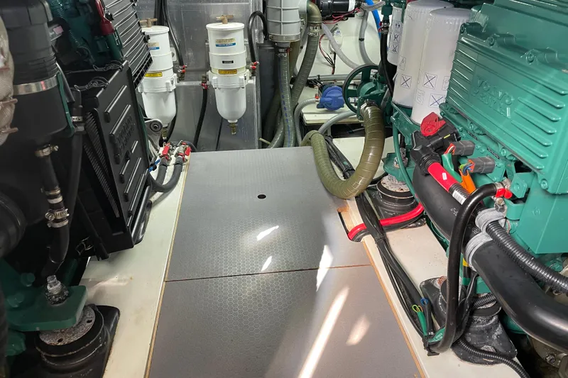 Miss Adventure Yacht Photos Pics Engine room of a 2013 Beneteau Swift Trawler 44 with Volvo Penta components.