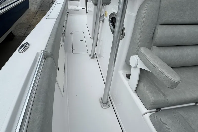  Yacht Photos Pics 2020 Sportsman Open 282TE Center Console interior with gray seating and white deck.
