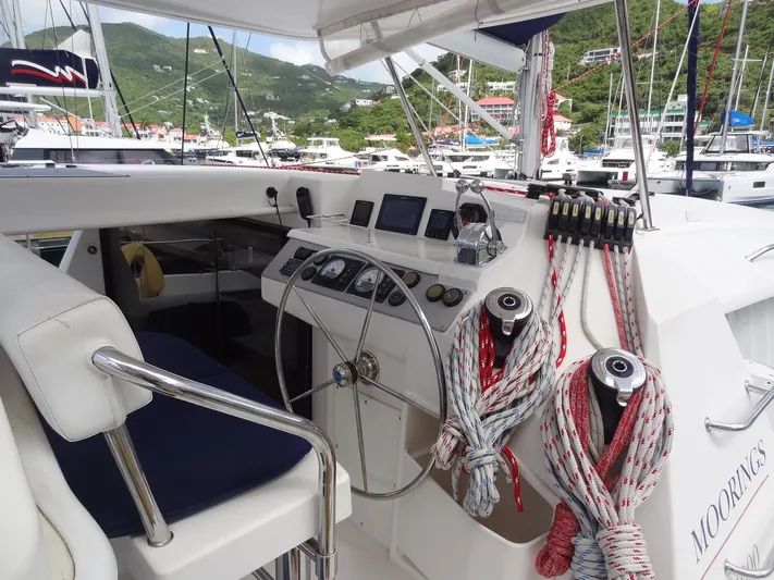 Maupiti Yacht Photos Pics Helm station of 2019 Leopard 40 catamaran with navigation equipment and mooring lines.