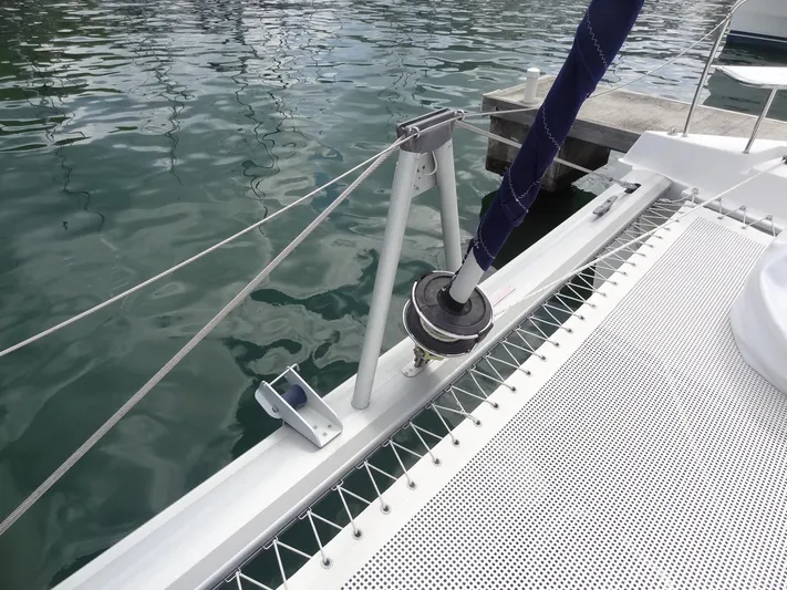 Maupiti Yacht Photos Pics Close-up of a 2019 Leopard 40 catamaran's deck and rigging at the marina.