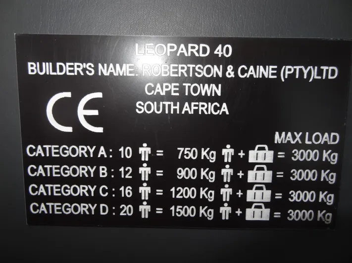 Maupiti Yacht Photos Pics Leopard 40 2019 model builder's plate, Robertson & Caine, Cape Town, South Africa, max load categories.