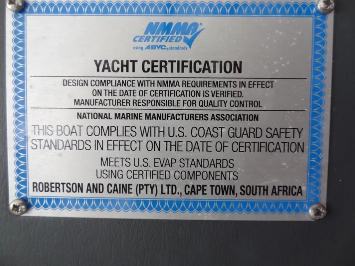 Maupiti Yacht Photos Pics 2019 Leopard 40 Yacht Certification Plate, NMMA and US Coast Guard compliant, Robertson and Caine, Cape Town.