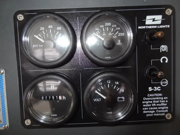 Maupiti Yacht Photos Pics 2019 Leopard 40 engine control panel with Northern Lights S-3C gauges and switches.