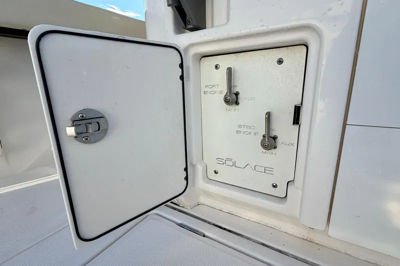 Vandy Yacht Photos Pics 2024 Solace 41 CS engine control panel with open access door.