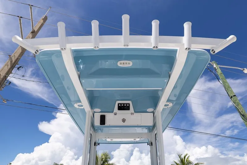  Yacht Photos Pics 2026 Sea Fox 268 Commander boat top view against a clear blue sky.