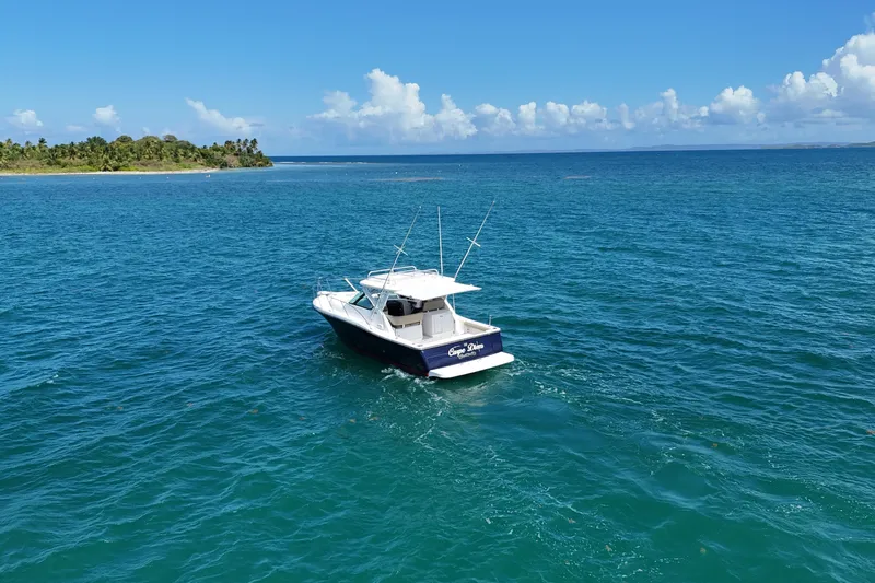  Yacht Photos Pics 2005 Tiara Yachts 3200 Open cruising on clear blue ocean near tropical island.