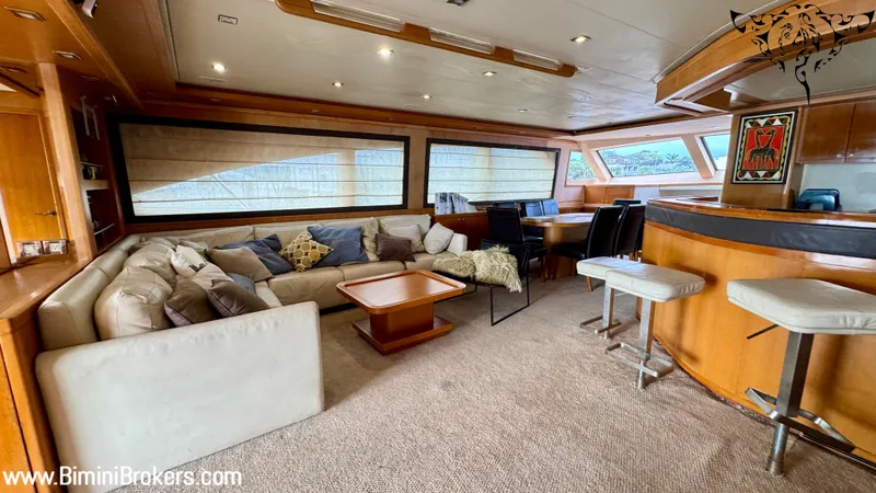  Yacht Photos Pics Luxurious interior of 2011 Bertram 800 yacht with plush seating and modern design.