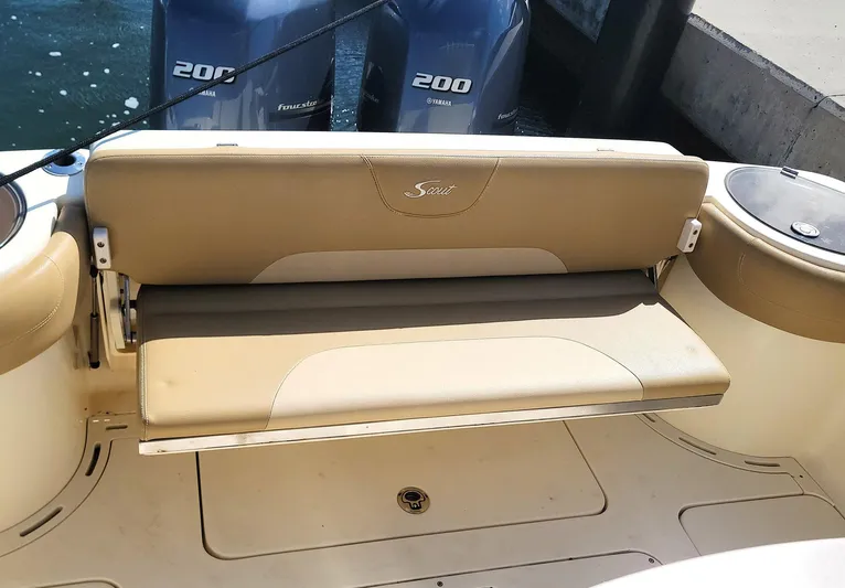  Yacht Photos Pics 2018 Scout 275 LXF boat with tan seating and dual Yamaha 200 engines.