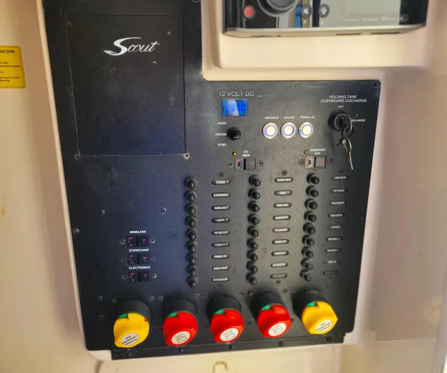  Yacht Photos Pics Control panel of a 2018 Scout 275 LXF boat with switches and indicators.