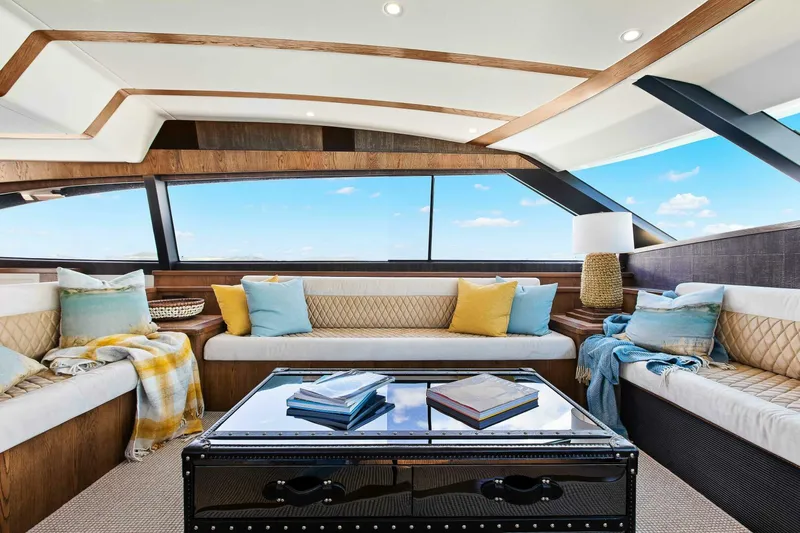 "the Keys" Yacht Photos Pics Luxurious interior of 2021 Valder Yachts Powercat with plush seating and panoramic windows.