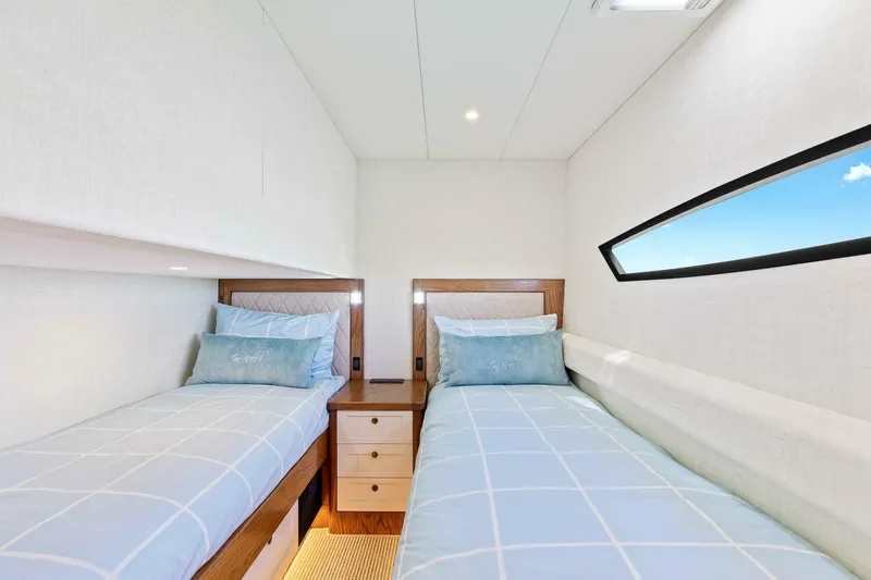 "the Keys" Yacht Photos Pics Twin cabin interior of 2021 Valder Yachts Powercat with modern design and ocean view.