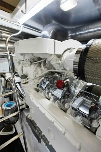 "the Keys" Yacht Photos Pics Engine room of 2021 Custom Valder Yachts Powercat, showcasing sleek machinery and components.