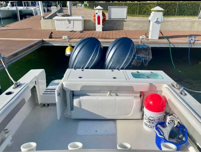  Yacht Photos Pics 2022 Parker 2801 Center Console boat docked at marina with twin outboard engines.