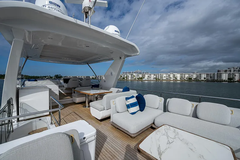 Liquid Asset Yacht Photos Pics Luxurious 2020 Azimut 66 yacht deck with elegant seating and scenic waterfront view.