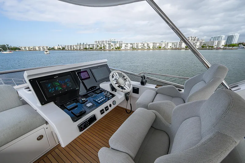 Liquid Asset Yacht Photos Pics Luxurious 2020 Azimut 66 yacht helm with modern controls and waterfront view.