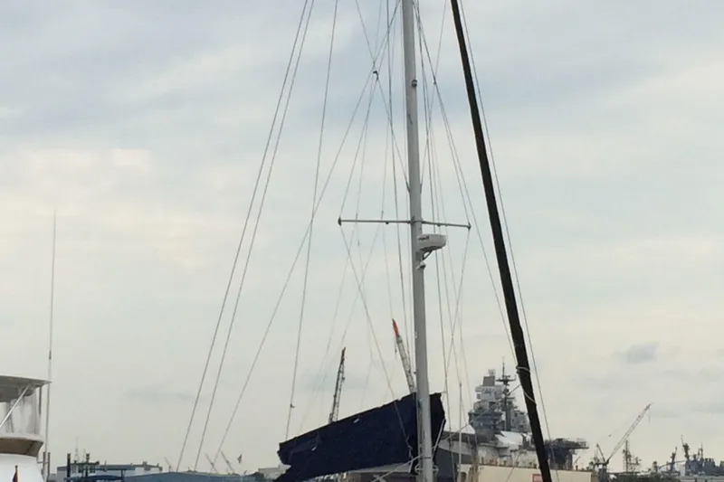 Seapaws Yacht Photos Pics Voyage Yachts 470 sailboat docked at a marina, 1996 model.