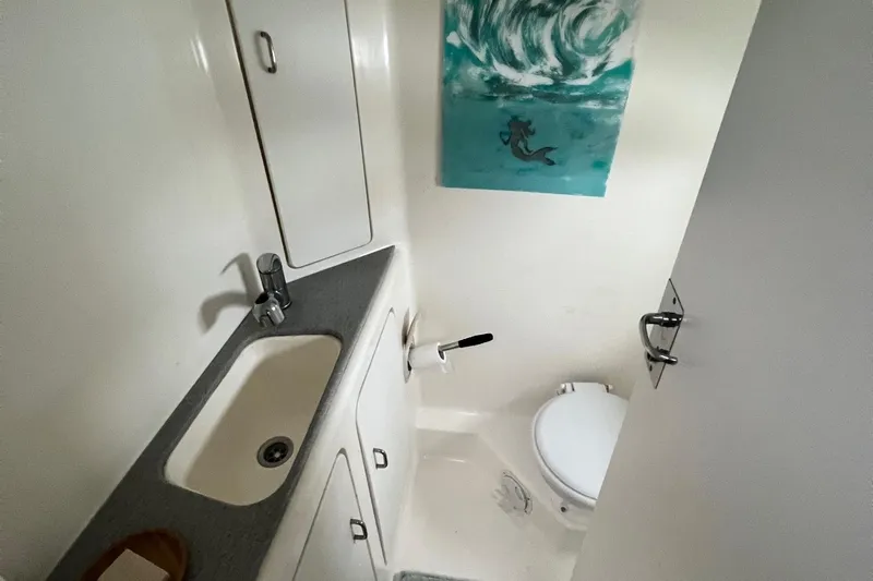Seapaws Yacht Photos Pics Compact bathroom in a 1996 Voyage Yachts 470, featuring a sink, toilet, and storage cabinets.