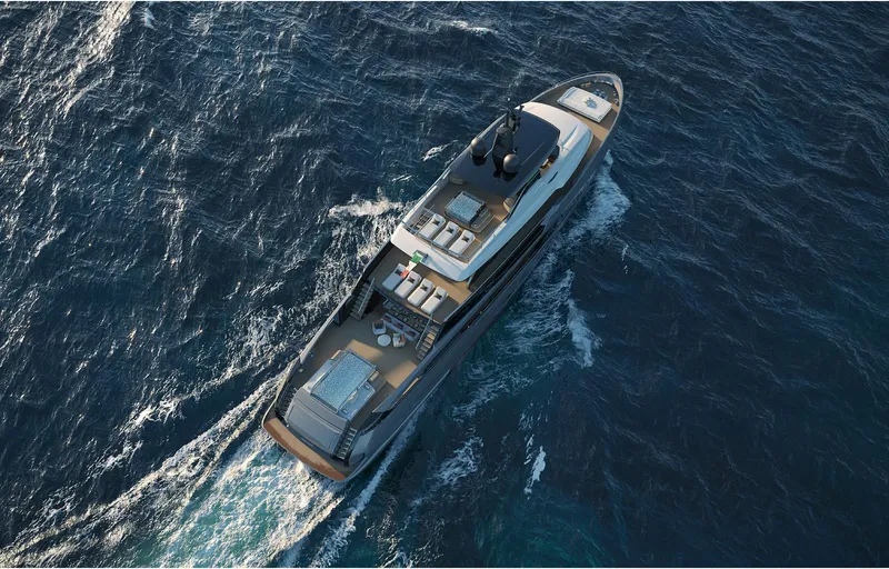 Doge 400 Yacht Photos Pics Aerial view of Ocean King Doge 400 yacht cruising on the ocean, 2027 model.