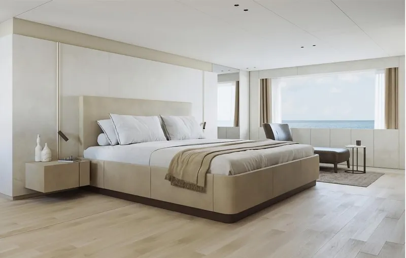 Doge 400 Yacht Photos Pics Luxurious Ocean King Doge 400 yacht bedroom, 2027 model, with ocean view and modern decor.