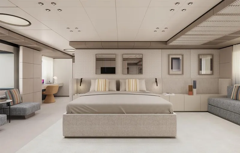 Doge 400 Yacht Photos Pics Luxurious bedroom interior in Ocean King Doge 400 yacht, 2027 model, featuring modern design elements.