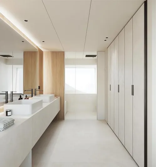 Doge 400 Yacht Photos Pics Modern minimalist bathroom with sleek fixtures, wooden accents, and ample natural light.