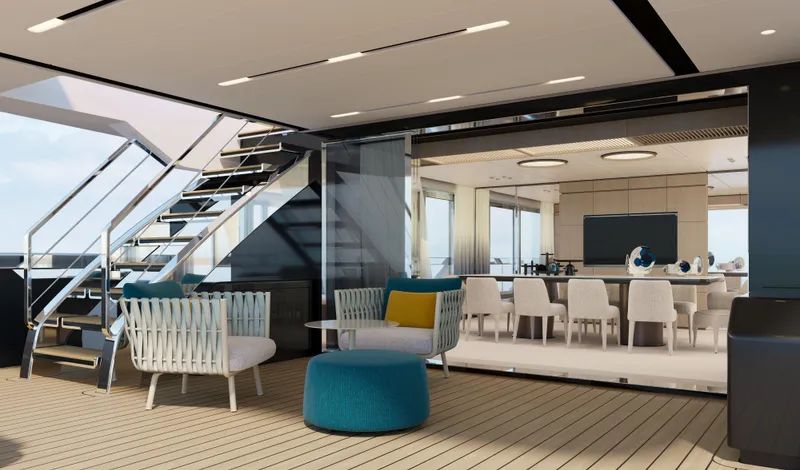 Doge 400 Yacht Photos Pics Luxurious Ocean King Doge 400 yacht interior, featuring elegant seating and dining area, 2027 model.