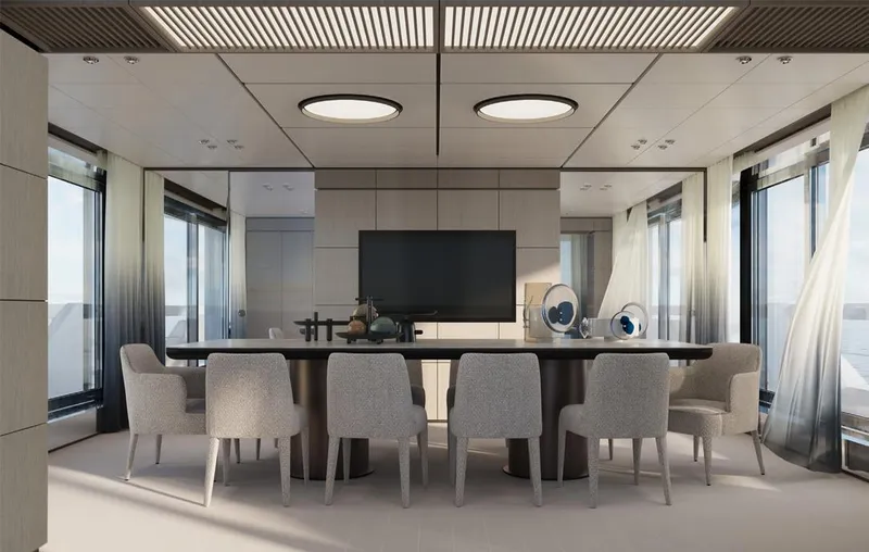 Doge 400 Yacht Photos Pics Luxurious dining area on Ocean King Doge 400 yacht, 2027 model, with elegant seating and decor.