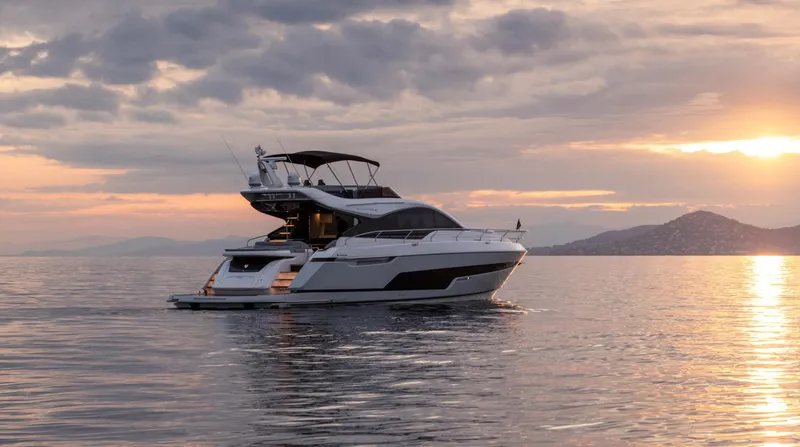  Yacht Photos Pics 2026 Fairline Phantom 65 yacht cruising at sunset on calm waters.