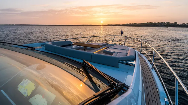  Yacht Photos Pics 2026 Fairline Phantom 65 yacht at sunset on calm waters.