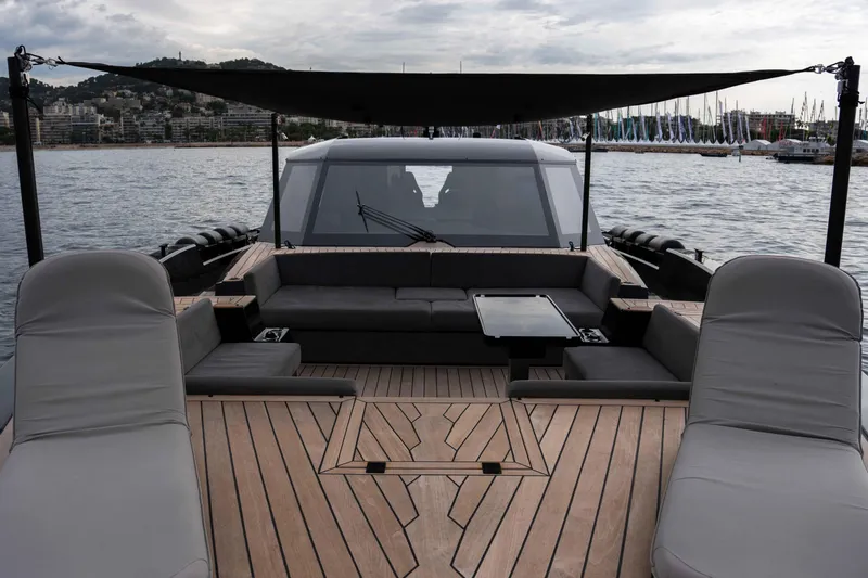 Matariki Yacht Photos Pics Luxurious Maori 78 yacht deck with seating, overlooking marina and hills, 2014 model.