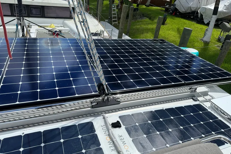 Big Enough Yacht Photos Pics Solar panels on a 2014 Fountaine Pajot Helia 44 catamaran deck.