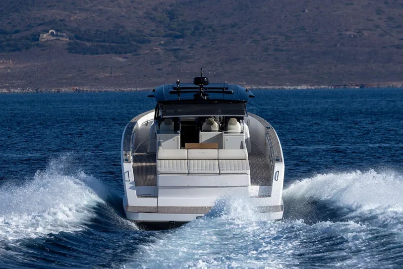 M/y Ida Yacht Photos Pics Pardo Yachts 50 cruising on open water, rear view, 2021 model.