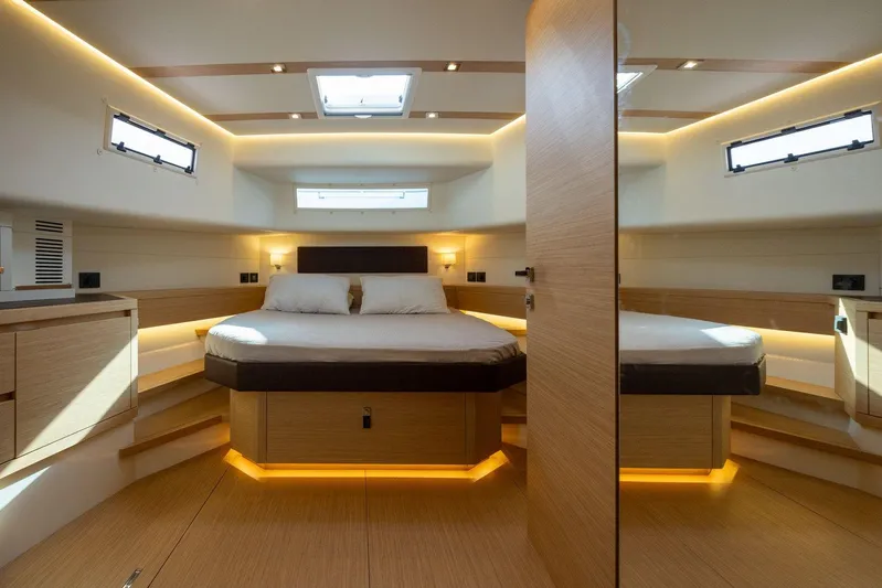 M/y Ida Yacht Photos Pics Luxurious cabin interior of 2021 Pardo Yachts 50 with modern lighting and wood finishes.