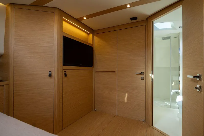M/y Ida Yacht Photos Pics Luxurious interior of 2021 Pardo Yachts 50, featuring modern wood paneling and sleek design.