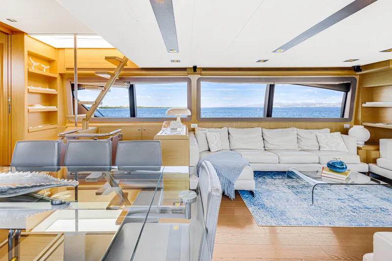 Papaito Yacht Photos Pics Luxurious interior of 2013 Ferretti Yachts 800 with ocean view, modern furnishings, and elegant decor.