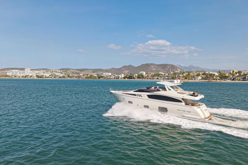 Papaito Yacht Photos Pics 2013 Ferretti Yachts 800 cruising on blue water near scenic coastline.