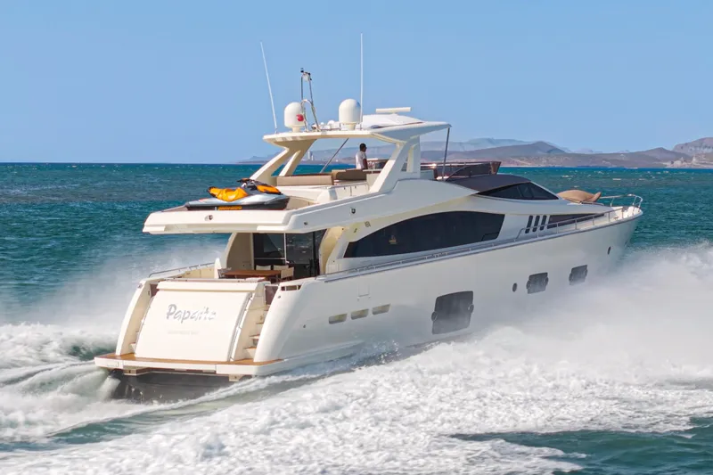 Papaito Yacht Photos Pics 2013 Ferretti Yachts 800 cruising on open water, showcasing luxury and speed.