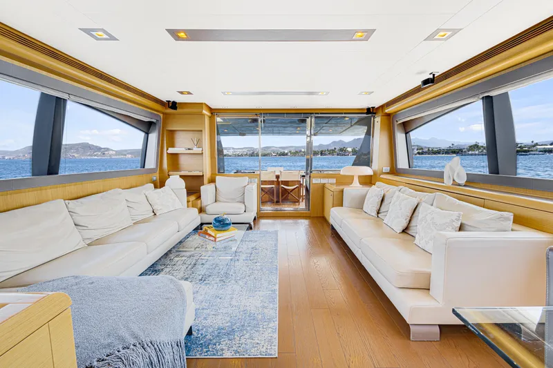 Papaito Yacht Photos Pics Luxurious interior of 2013 Ferretti Yachts 800 with elegant seating and ocean views.