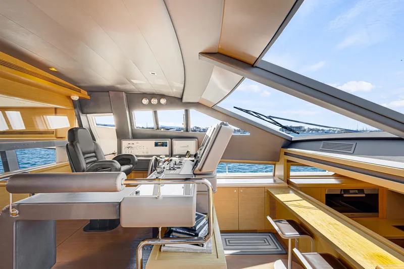 Papaito Yacht Photos Pics Luxurious interior of 2013 Ferretti Yachts 800 with modern helm and panoramic windows.