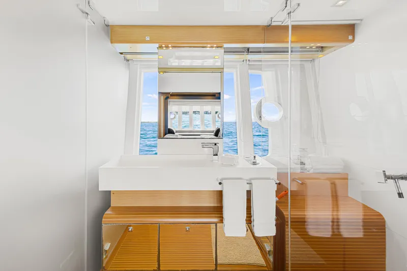 Papaito Yacht Photos Pics Luxurious bathroom interior on 2013 Ferretti Yachts 800, featuring ocean view and modern design.