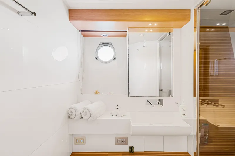 Papaito Yacht Photos Pics Luxurious bathroom in 2013 Ferretti Yachts 800, featuring modern fixtures and elegant design.
