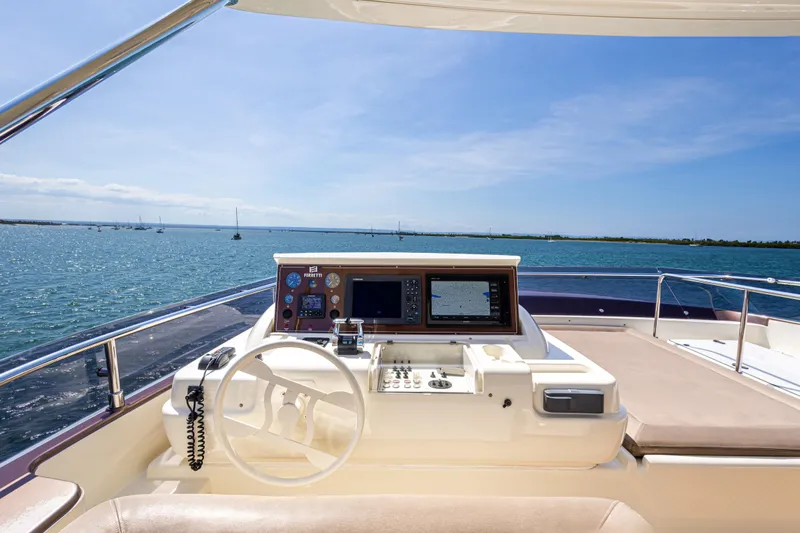 Papaito Yacht Photos Pics Helm of 2013 Ferretti Yachts 800 with ocean view and navigation equipment.