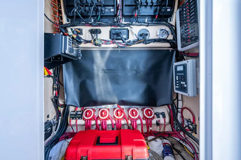 Checkered Flag Yacht Photos Pics Electrical panel and wiring inside a 2011 Bahama 37 boat.