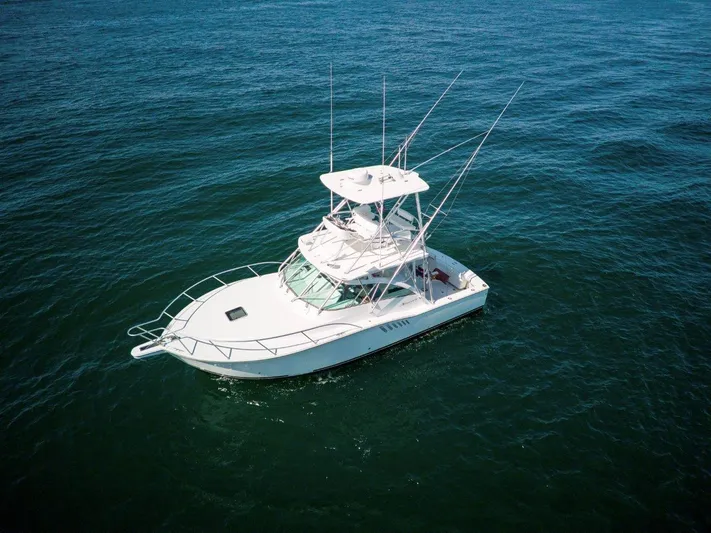 Tin Bender Yacht Photos Pics 2009 Albemarle 360 XF boat on open sea, aerial view.
