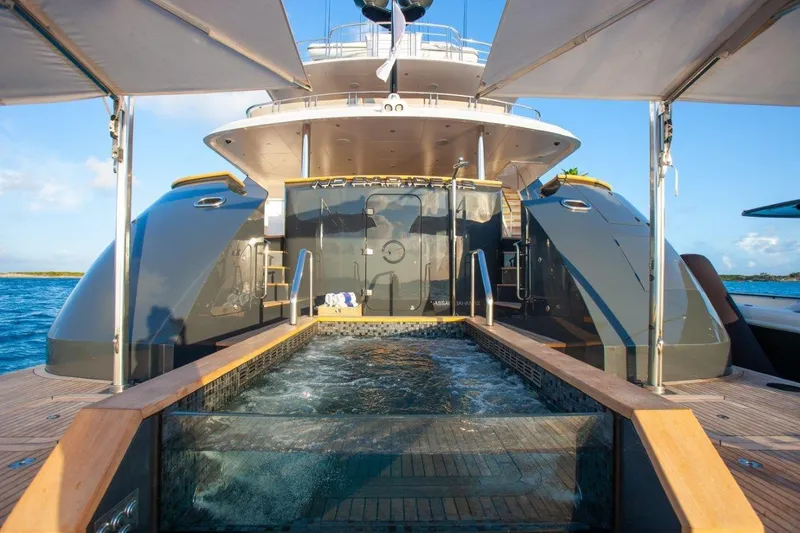 No Bad Ideas Yacht Photos Pics Luxurious Trinity Yachts Trinity 160, 2000 model, featuring a sleek deck and pool.