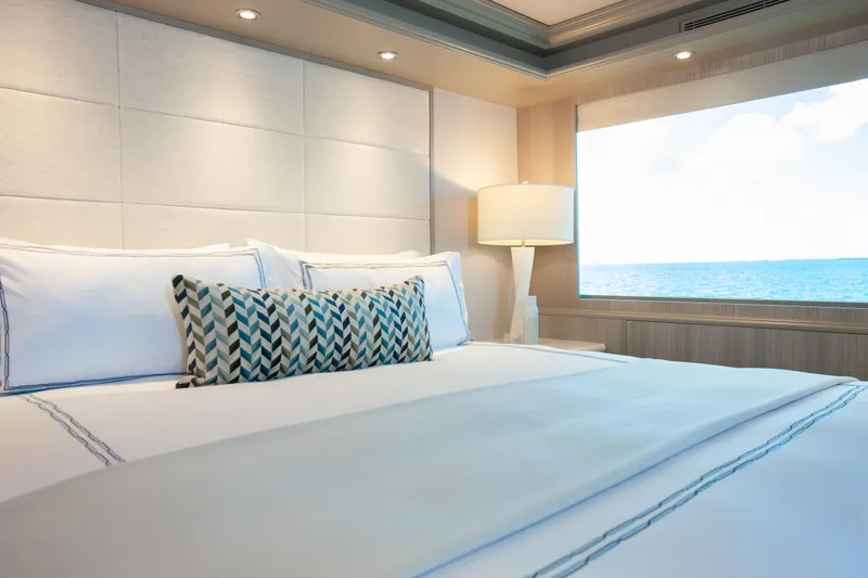No Bad Ideas Yacht Photos Pics Luxurious bedroom interior on Trinity Yachts Trinity 160, 2000 model, with ocean view.