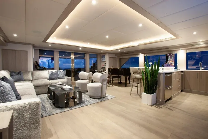 No Bad Ideas Yacht Photos Pics Luxurious interior of 2000 Trinity Yachts Trinity 160, featuring elegant seating and modern decor.
