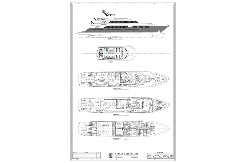 No Bad Ideas Yacht Photos Pics Blueprint of 2000 Trinity Yachts Trinity 160, showcasing side view and deck layouts.
